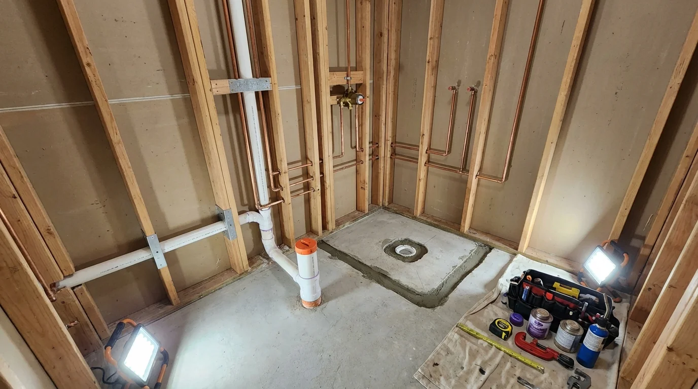 Bathroom rough-in plumbing during remodel by Johns Plumbing LLC in Waymart