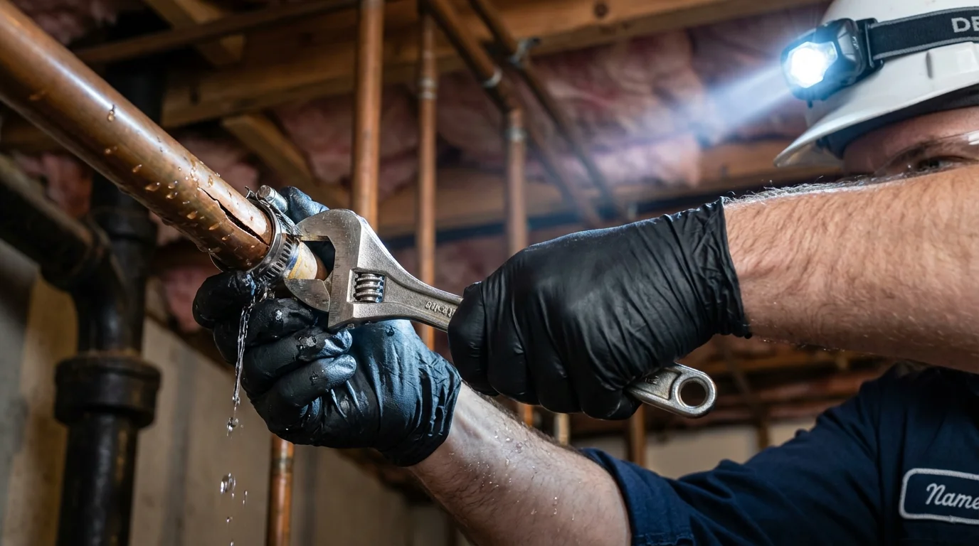 Emergency pipe clamp repair being performed by a Johns Plumbing LLC plumber in Waymart