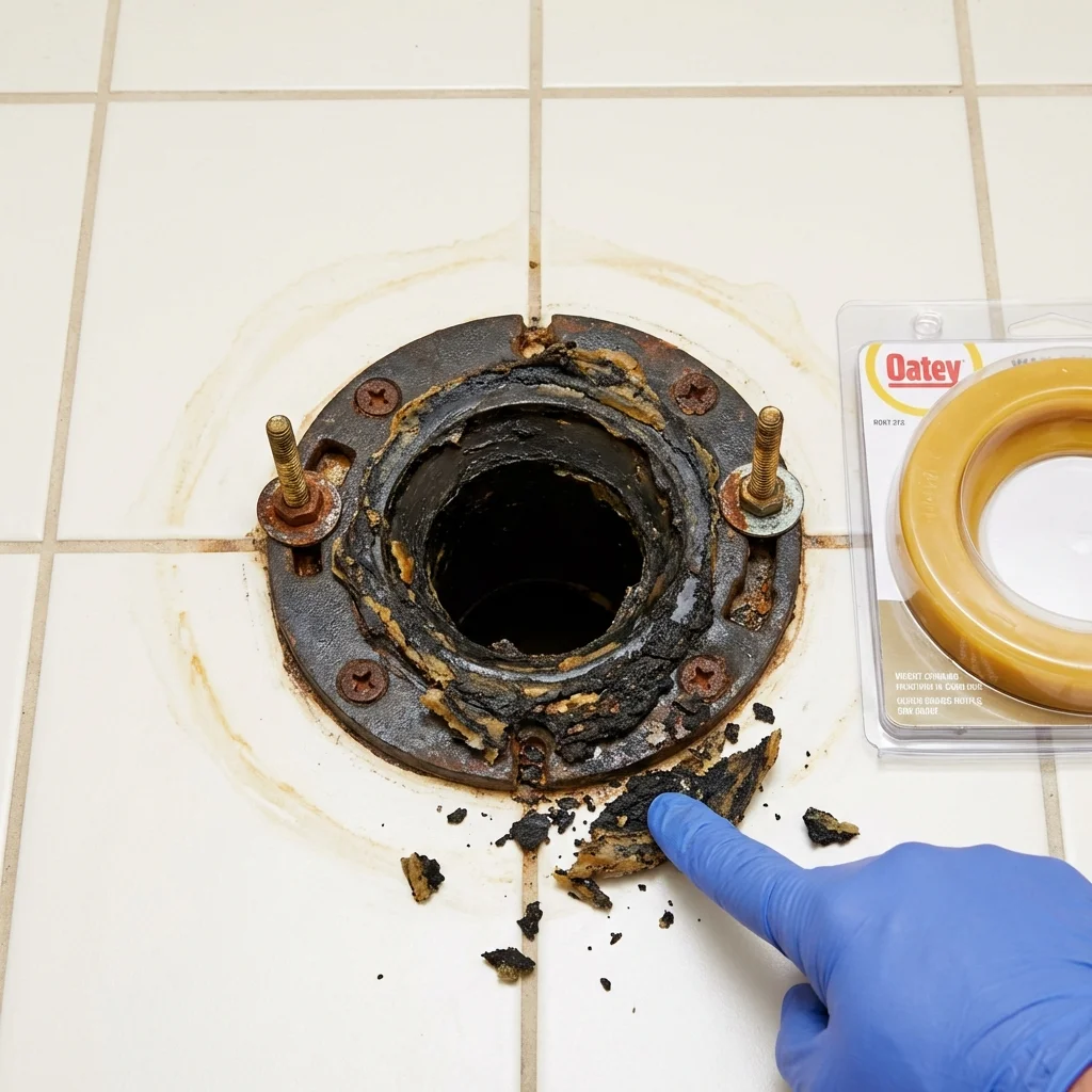 Failed wax ring showing water seepage at the base of a toilet in a Waymart, PA home