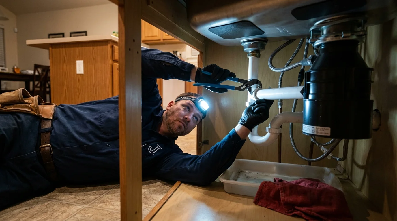P-trap and supply line connections under a kitchen sink showing a common leak point in Waymart, PA